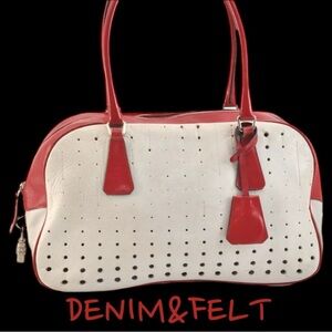 Prada Vintage White/ Red Leather 2000’s Bowling Bag/Perforated Vitello Bag |RARE
